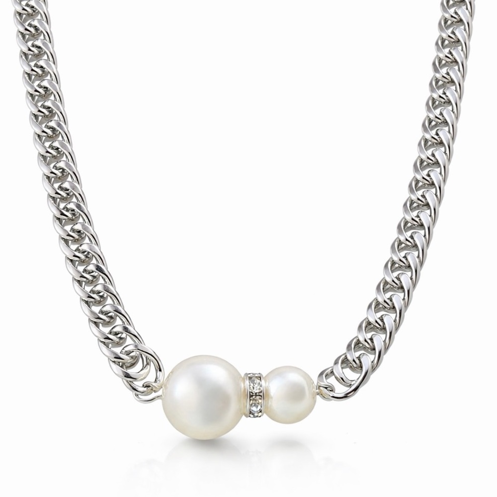 Double Pearl Silver Chain Necklace